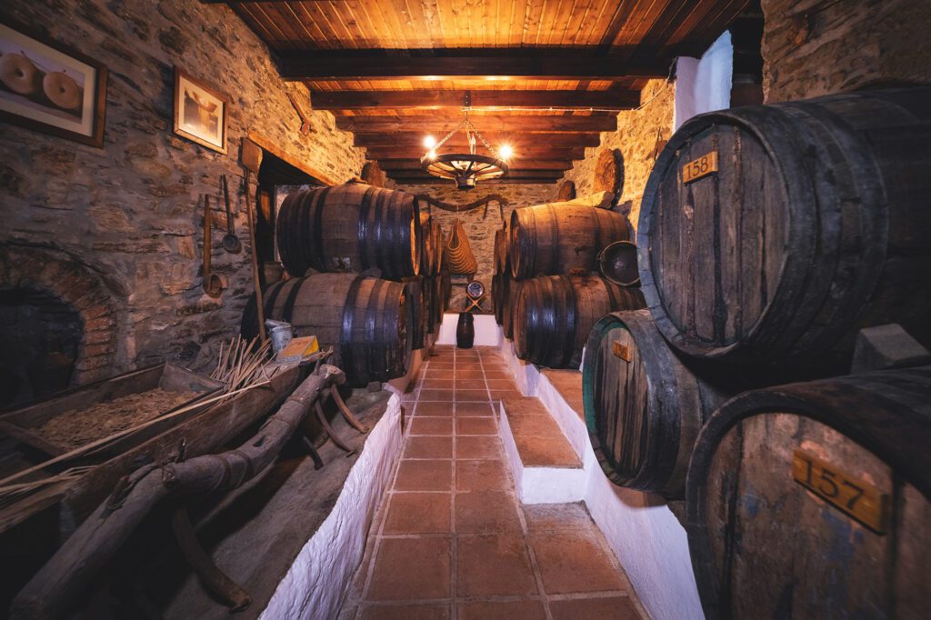 Interior de la Bodega Antonio Muñoz Cabrera, con barriles de vino antiguos, paredes de piedra y una lámpara con luz cálida