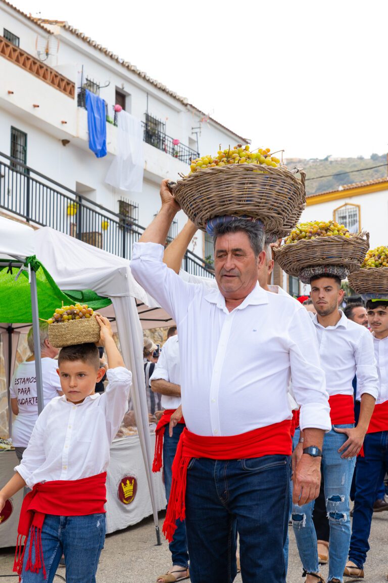 Un niño y varios adultos llevando una cesta con uvas en la procesión de la Fiesta de Viñeros de Moclinejo