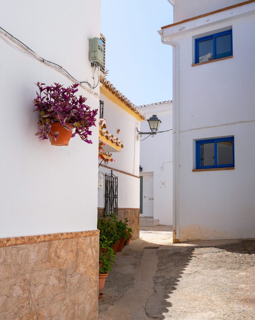 Calle de Moclinejo con macetas y casas blancas